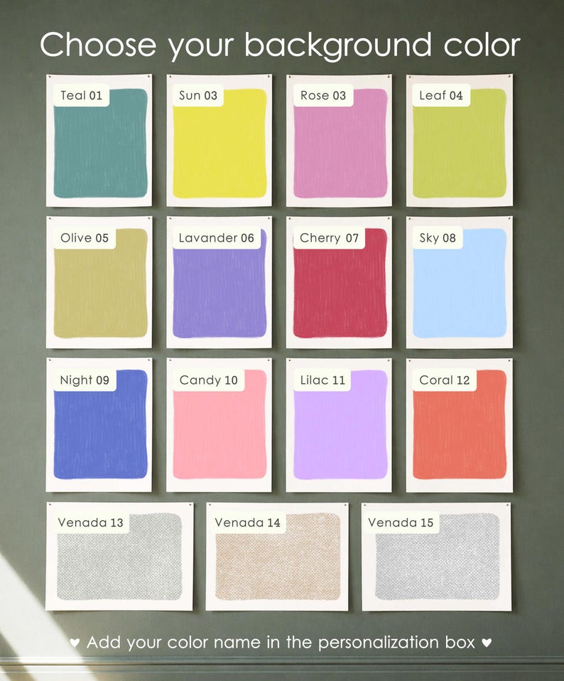 May include: A colour chart displaying fifteen rectangular swatches with labels including Teal 01, Sun 03, Rose 03, Leaf 04, Olive 05, Lavander 06, Cherry 07, Sky 08, Night 09, Candy 10, Lilac 11, Coral 12, Venada 13, Venada 14, and Venada 15.