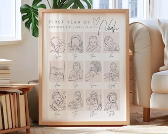 Personalized Baby’s First Year Milestone Line Art Drawing – Custom 12 Month Line Art Portrait, Birth Date Gift, Minimalist Baby Wall Art