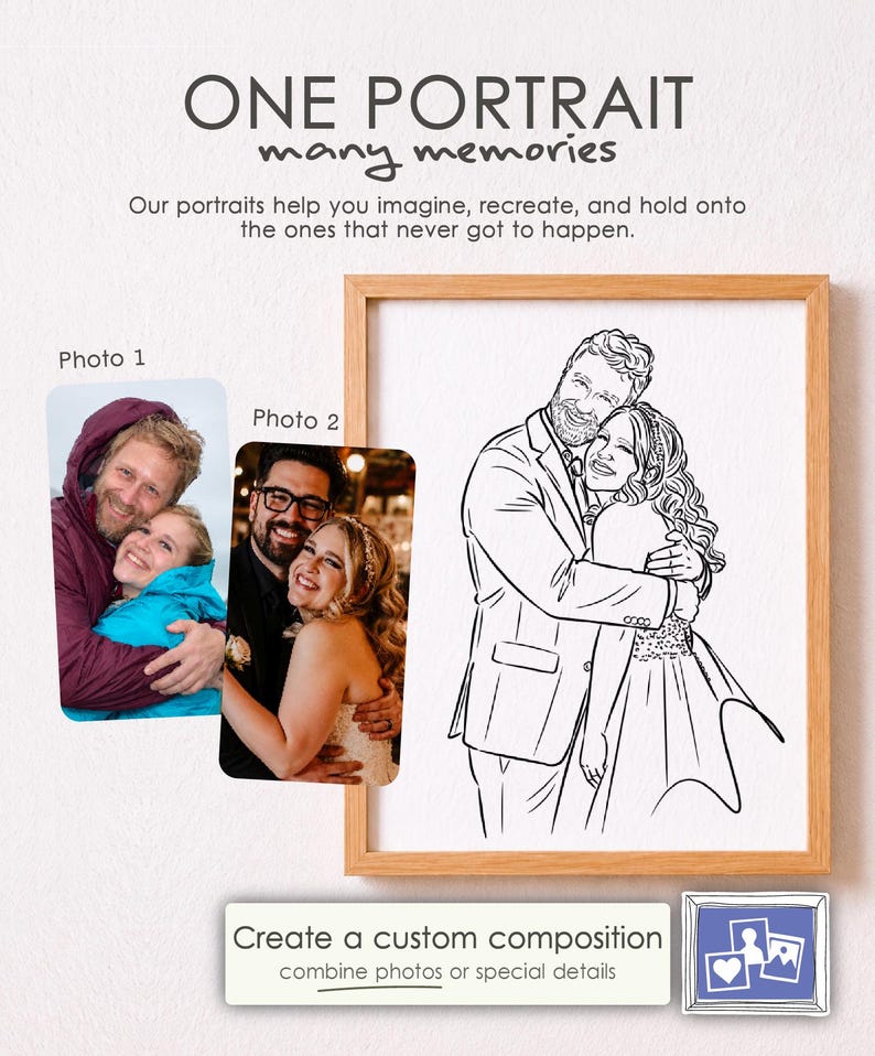 May include: A custom line art portrait in a light wood frame, featuring a couple embracing. The image includes two reference photos and text: ONE PORTRAIT many memories, Our portraits help you imagine, recreate, and hold onto the ones that never got to happen, and Create a custom composition combine photos or special details.