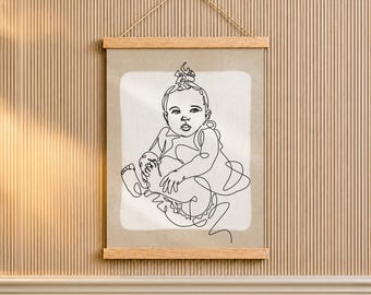 First Fathers Day Gift for Dad, One Line Baby Art from Photo on Wood Hanger