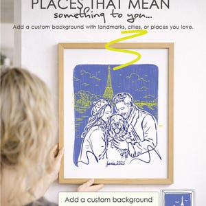 May include: A framed custom illustration featuring a line drawing of two people and a dog in front of the Eiffel Tower. The artwork uses blue and yellow ink on a white background. The text "paris, 2025" is written at the bottom of the illustration.