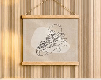 New Puppy Gift for Couple, One Line Art from Photo on Wood Poster Hanger