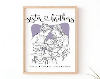 Child Line Art Portrait from Photo - Custom Family Sibling Drawing for Anniversary, Birthday, Mother’s Day Gift, Kids, Grandparent Art Gift