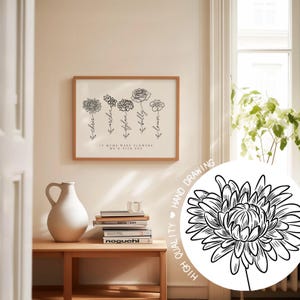 A warm, minimalist living room mockup shows a framed white floral line art print on a pale wall above a wooden console with a cream vase, stacked books, and a glass, while a large circular zoom overlay highlights crisp black botanical linework and includes curved text reading “HIGH QUALITY” and “HAND DRAWING.”