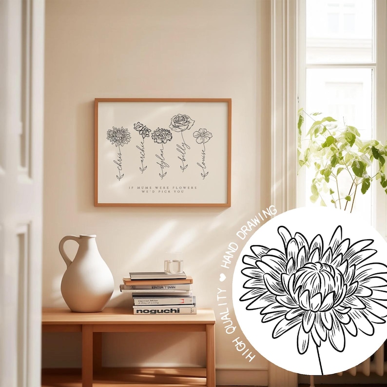 A warm, minimalist living room mockup shows a framed white floral line art print on a pale wall above a wooden console with a cream vase, stacked books, and a glass, while a large circular zoom overlay highlights crisp black botanical linework and includes curved text reading “HIGH QUALITY” and “HAND DRAWING.”