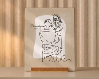 Birthday Gift for Fiance, One Line Proposal Art from Photo on Oak Desk Stand