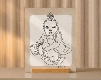 Grandma Christmas Present, One Line Grandbaby Portrait from Photo on Oak Desk Stand