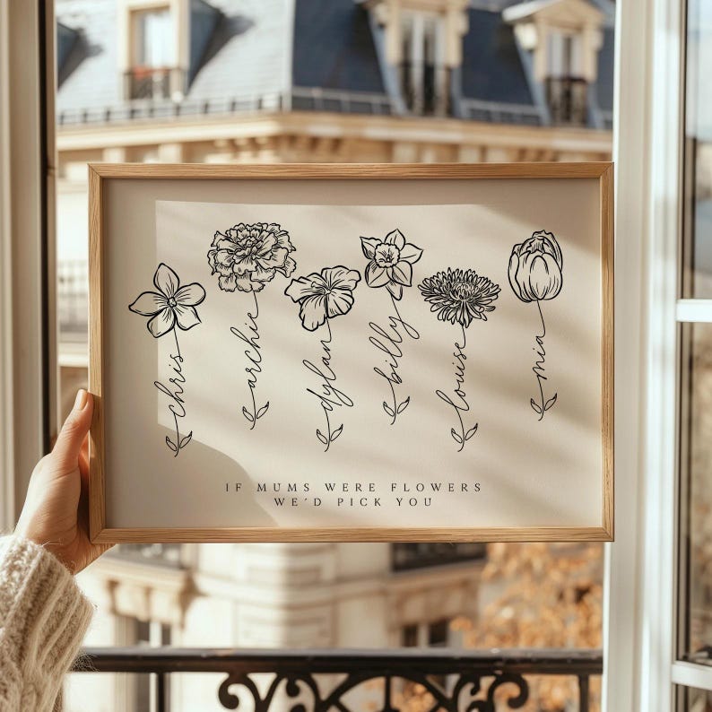 Hands in a chunky beige sweater hold a light wood–framed white poster at arm’s length in front of a bright window, with a wrought-iron balcony rail and softly blurred rooftops outside, showing black line drawings of six birth flowers with vertical cursive names beneath each stem and the header text “The Miller family” with “SINCE 1993” centered below it.