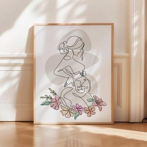 Impresión artística de una sola línea de mujer embarazada: arte de pared de maternidad minimalista, póster de maternidad abstracto floral, regalo de embarazo, obra de arte boho femenina