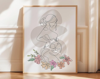Pregnant Woman One Line Art Print - Minimalist Maternity Wall Art, Floral Abstract Motherhood Poster, Pregnancy Gift, Feminine Boho Artwork