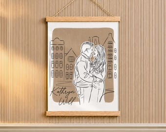 Regalo per la fidanzata che va a convivere, disegno a tratto da una foto su poster in legno con gancio.