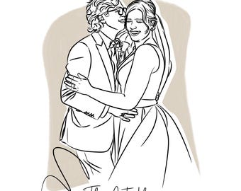 Couple Wedding Portrait, Christmas Gift for Husband or Wife, Line Art from Photo