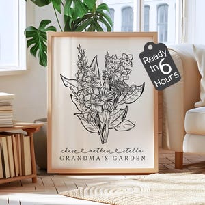Custom Birth Flower Family Art | Personalized Minimalist Sentimental Line Drawing Gift for Mothers Day, Grandma, Birthday, Anniversary Décor