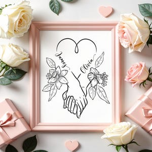 Custom Hand-Holding Couple Line Art Print - Personalized Botanical Line Tattoo Design, Romantic Anniversary Gift Wedding Wall Decor Keepsake