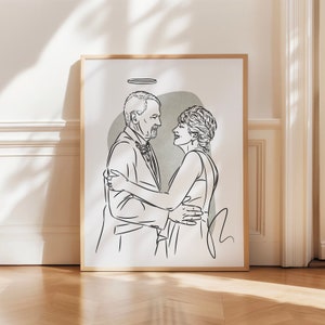 Custom Father Memorial Portrait, Angel Wings Drawing with Halo, Minimalist Line Art Keepsake, Family & Couple Gift for Anniversary, Birthday