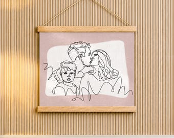 New Parents Gift, One Line Family Drawing from Photo on Wood Poster Hanger