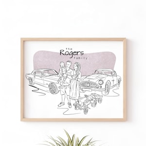 Custom Car & Family Portrait Gift – Line Art from Photo, Father’s Day Gift, Anniversary, Car Lover Birthday Wall Art Gift for Dad or Husband