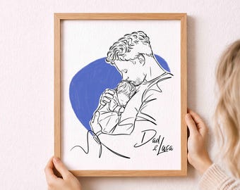 Benutzerdefinierte Erster Vatertag & Geburtstag Porträt Geschenk | Papa Portrait Kunst | Personalisierte Neugeborene Zeichnung, Einzigartige Line Art für Daddy - Baby