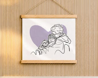 Dog Mom Gift for Wife, Couple and Pup Line Drawing from Photo on Wood Hanger