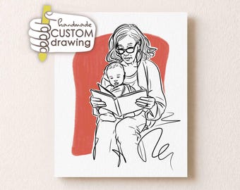 Grandma Portrait from Photo — Custom Line Art Nana Gift, Memorial Sketch, Christmas Gift from Grandkids, Minimalist Faceless Family Drawing