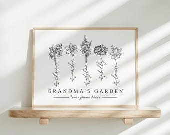 Custom Birth Flower Bouquet Poster for Grandma, Personalized Names Line Art, Minimalist Family Garden Gift from Grandkids, Mothers Day Gift
