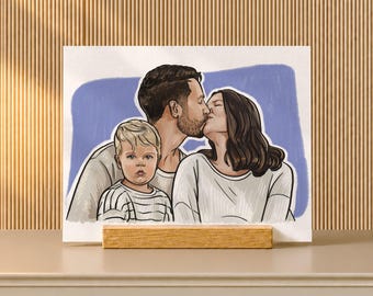 Christmas Present for Husband, Family Painting from Photo on Oak Desk Stand