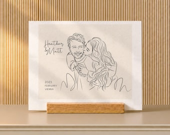 Girlfriend Birthday Gift, Couple Line Art from Photo on Oak Desk Stand