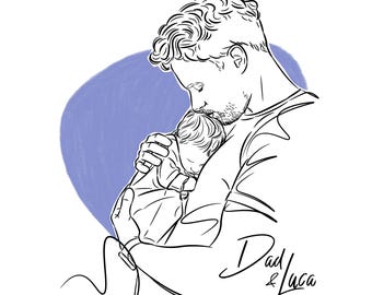 Father and Baby Portrait, Husband Birthday or Christmas Gift, Custom Line Art from Photo