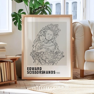 Edward mit den Scherenhänden Art Print, Minimalistische Tim Burton Wanddekoration, Vintage 90er Jahre Film Poster, Einzigartige Linie Kunst, Gothic Geschenk für Filmliebhaber