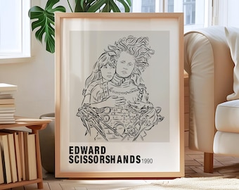Lámina artística de Eduardo Manostijeras, decoración de pared minimalista de Tim Burton, póster de película vintage de los años 90, arte lineal único, regalo gótico para amantes del cine