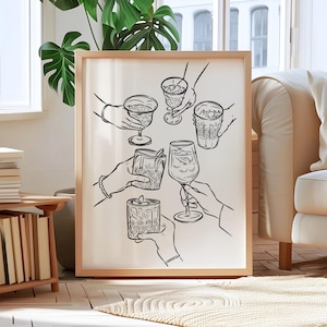 Cheers Celebration Wall Art – moderne handgetekende drankje illustratie print, minimalistisch toast decor, barwagen poster, cocktailparty kamer cadeau