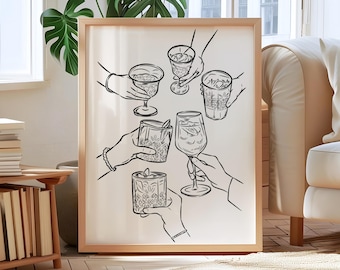 Cheers Celebration Wall Art – Modern Hand-Drawn Drink Illustration Print, Minimalist Toast Decor, Bar Cart Poster, Cocktail Party Room Gift