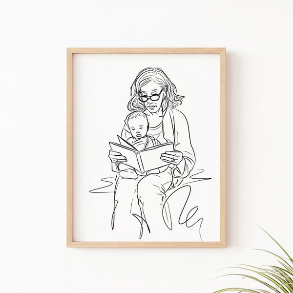 Custom Grandma Portrait, Line Art for Nana & Mom, Unique Grandparents Gift, Gift from Grandkids, Sketch from Photo,  Memorial Artwork