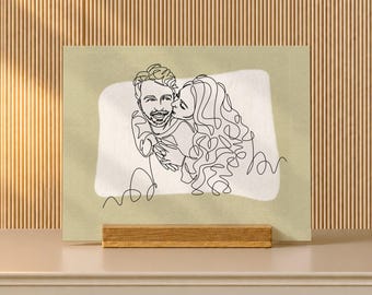 One Line Couple Portrait on Wood Stand, Anniversary Keepsake for Wife with Names