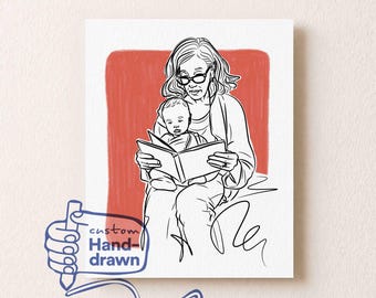 Grandma Portrait from Photo — Custom Line Art Nana Gift, Memorial Sketch, Christmas Gift from Grandkids, Minimalist Faceless Family Drawing