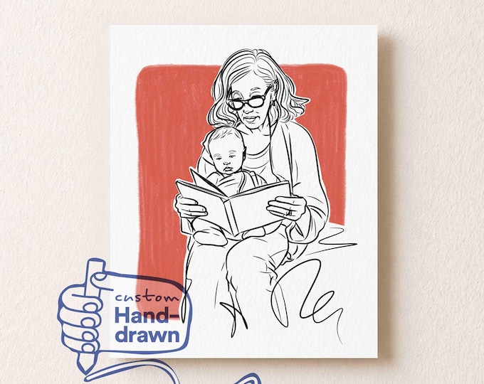 Grandma Portrait from Photo — Custom Line Art Nana Gift, Memorial Sketch, Christmas Gift from Grandkids, Minimalist Faceless Family Drawing