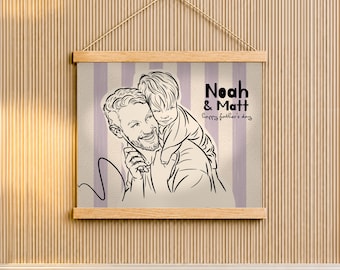 Dad Birthday Gift from Son, Custom Father Son Line Art Portrait from Photo, Poster Hanger