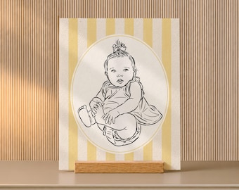 Baptism Gift for Godchild, Baby Line Art from Photo on Oak Desk Stand