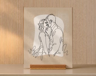 Continuous Line Portrait on Wooden Stand, Christmas Couple Keepsake for Mantel