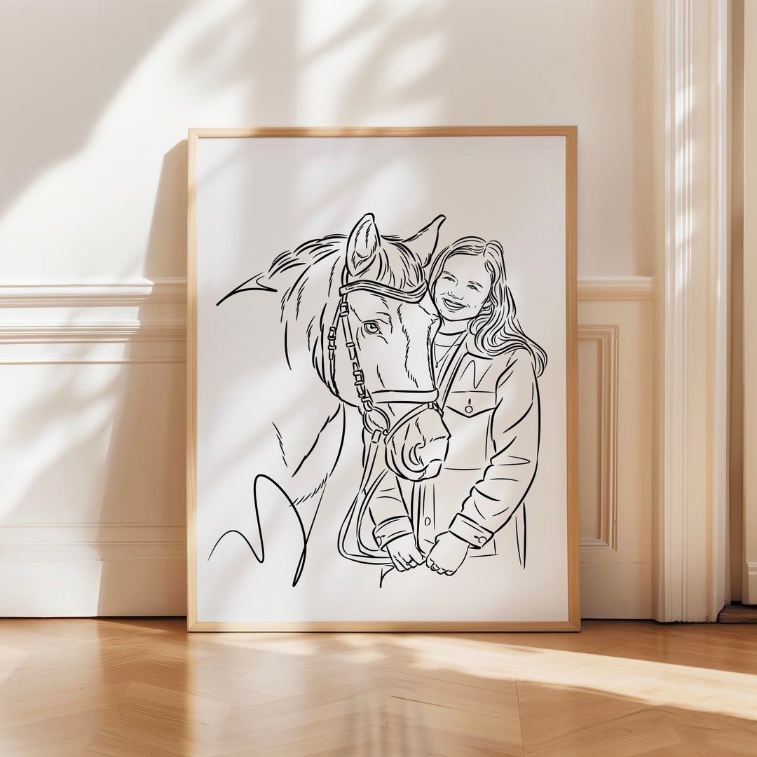 Custom Horse & Rider Portrait Couples Gift | Equestrian Line Art Family ...