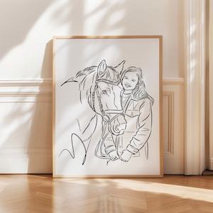 Custom Horse & Rider Portrait Couples Gift | Equestrian Line Art Family Keepsake Mother’s Day Anniversary Birthday | Custom Pet Portrait