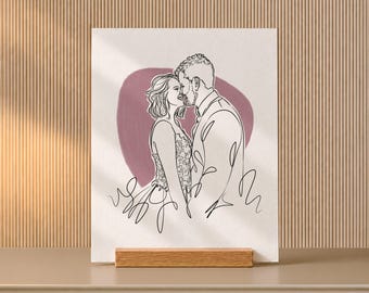 Paper Anniversary Line Art on Wood Stand, Couple Portrait from Photo for Desk