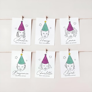 Custom Kids Birthday Line Art Portrait Card, Personalized Party Favor Keepsake, Unique Birthday Gift Decor, Party Hat Sketch Illustration