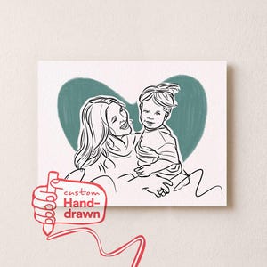 May include: A rectangular print featuring a black line art illustration of an adult and a child against a solid teal heart shape. A red graphic in the bottom left corner depicts a hand holding a pencil with the text custom Hand-drawn.