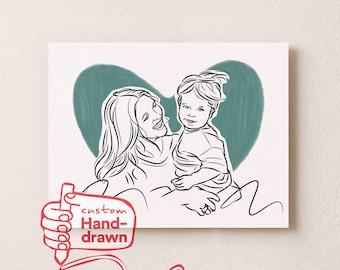 Custom Mom & Child Line Art Portrait from Photo, Personalized Names + Date, Mother’s Day Gift, Minimal Black Line Drawing Keepsake