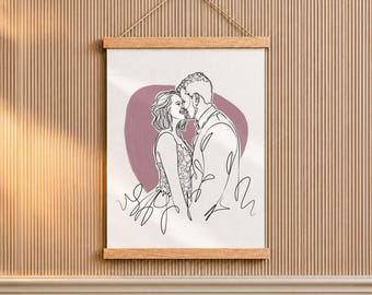 Decorazione murale con disegno di sposi novelli, ricordo del primo Natale da sposati tratto da una foto.