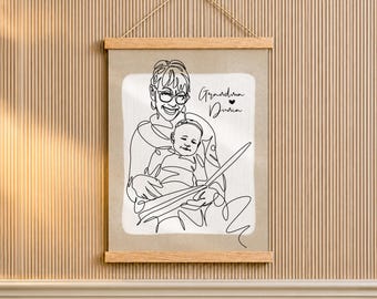 Regalo di Natale per la nonna, disegno a tratto da una foto con nome su appendiabiti in legno