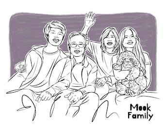 Family with Dog Line Art Portrait from Photo, Custom Family Christmas Gift