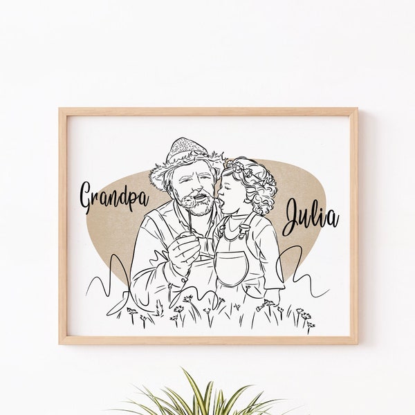 Custom Grandpa Portrait - Personalized Grandfather Artwork for Father's Day, Unique Birthday Present, Memorable Christmas Gift for Family