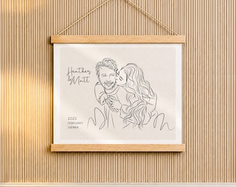 Regalo de compromiso para prometido/a: dibujo lineal de pareja a partir de una foto, colgador de póster de madera.